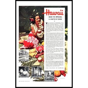 1940 Hawaii Tourist Board Vintage Print Ad Luau Lai Hawaiian Vacation Wall Art